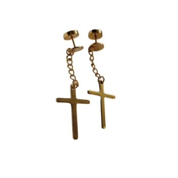 Arete de cruz con cadena dorada